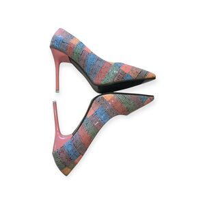 WenFuNi Heels Pointed Toe Pink Embroidered Plaid Stiletto Women’s 7
